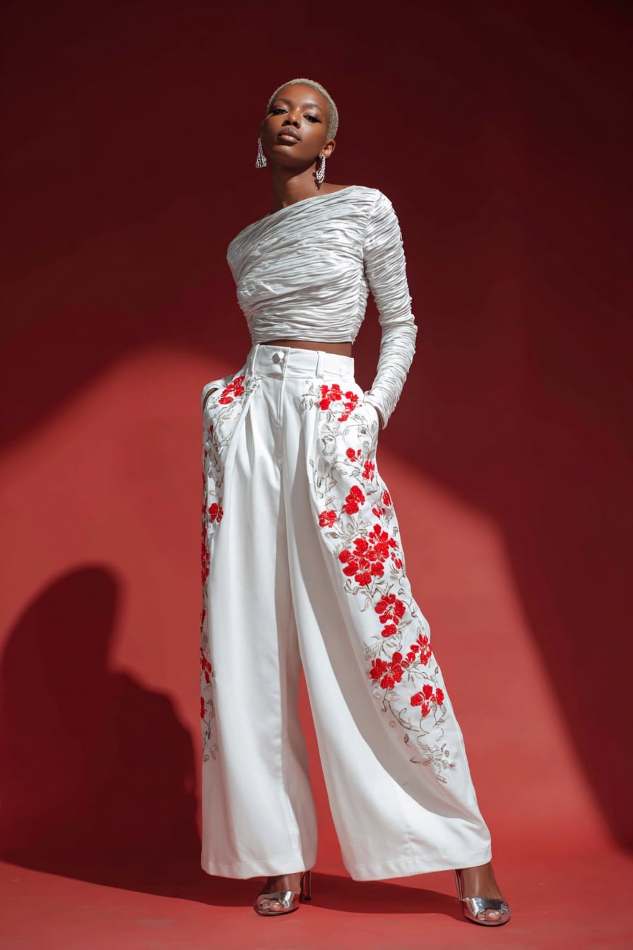 White Wide-Leg Floral Pants with Modern Ruched Top