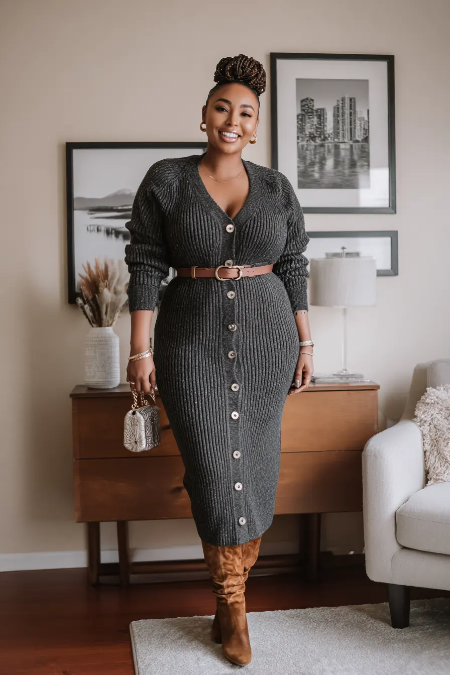 Ribbed Knit Dress with Belt and Boots