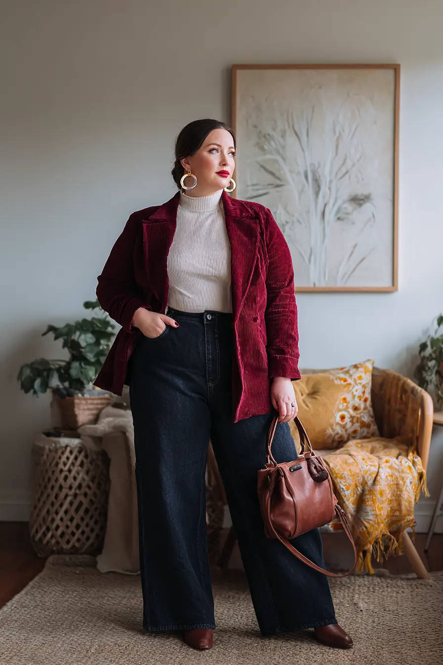 Burgundy Corduroy Blazer with Dark Wash Flare Jeans
