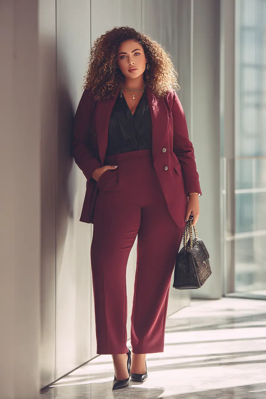 Burgundy Power Suit with Chic Black Accents
