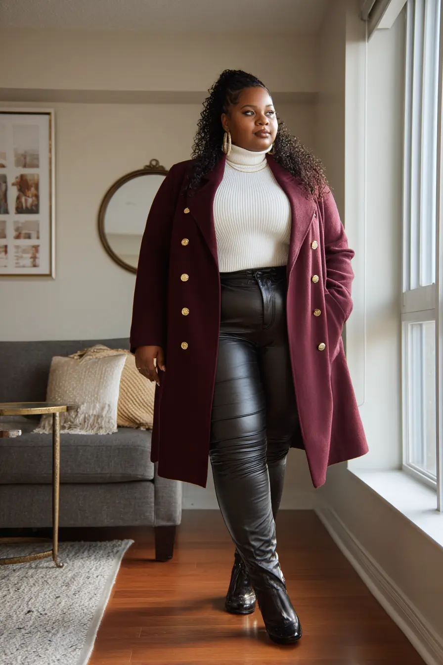 Burgundy Wool Blend Peacoat with Chic Leather Pants
