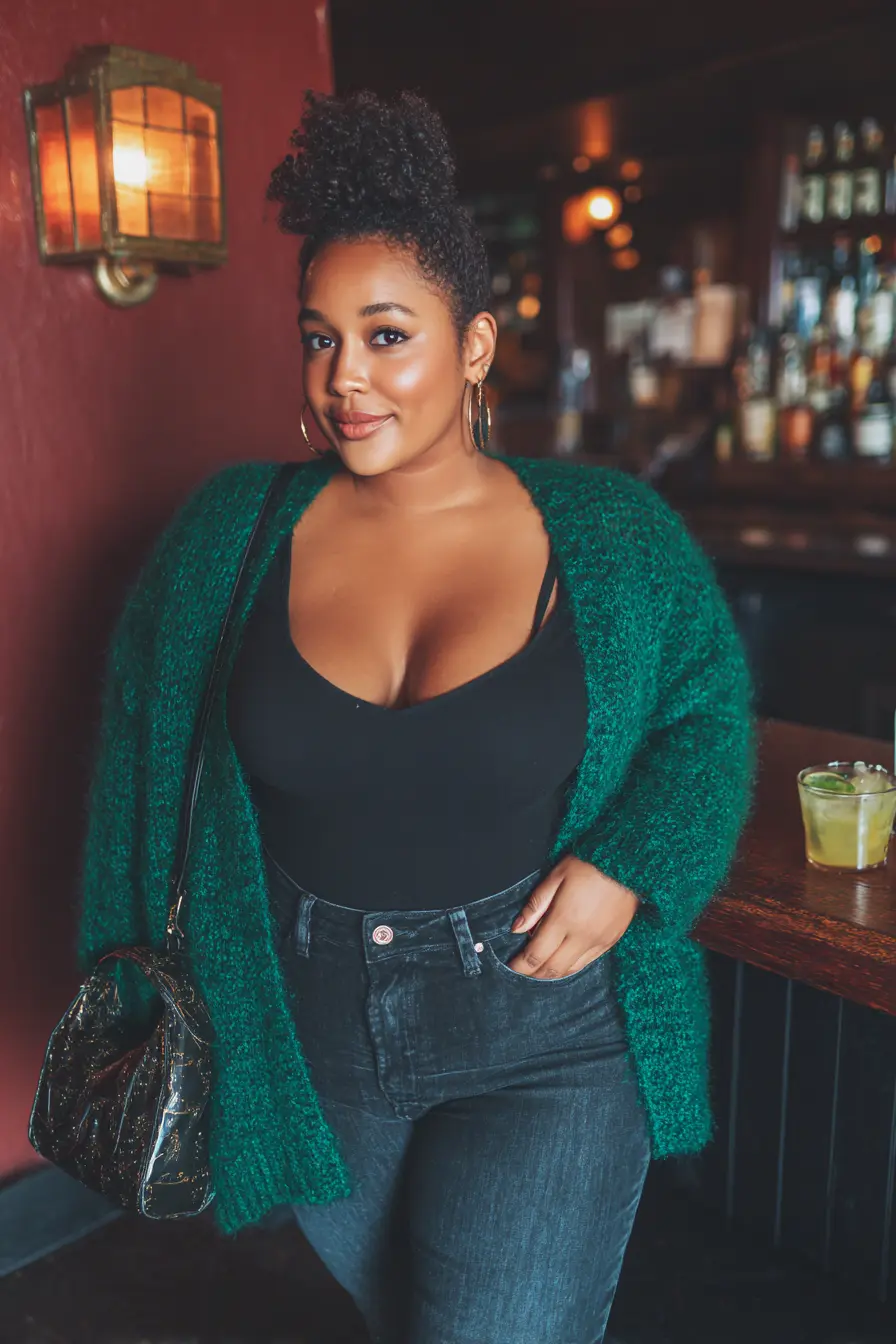 Textured Green Knit with Sleek Black Layers