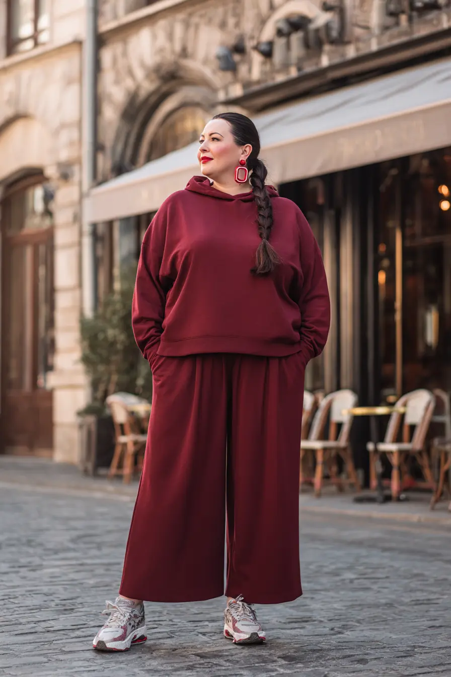 Burgundy Lounge Set with Wide-Leg Comfort