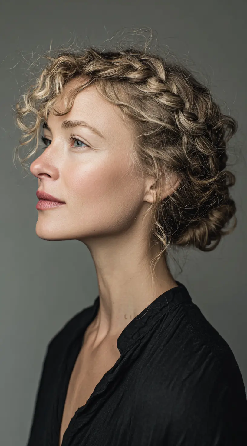 Side Crown Braid with Curly French Bob