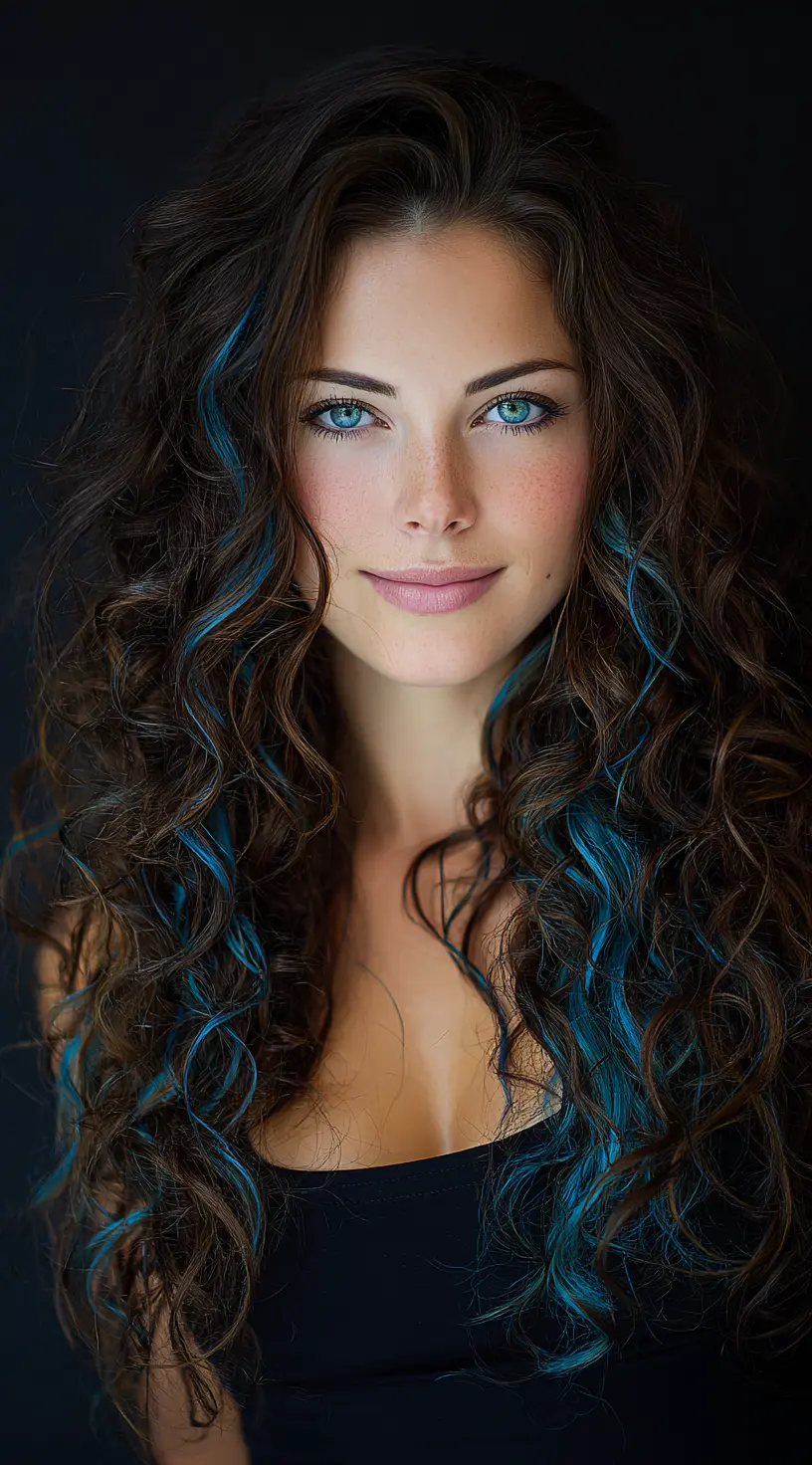 Subtle Electric Blue Balayage on Long Curly Hair