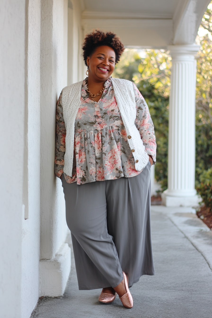 Soft Floral Blouse with Gray Wide-Leg Pants