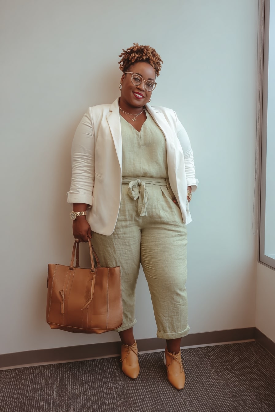 Sage Green Jumpsuit with White Blazer