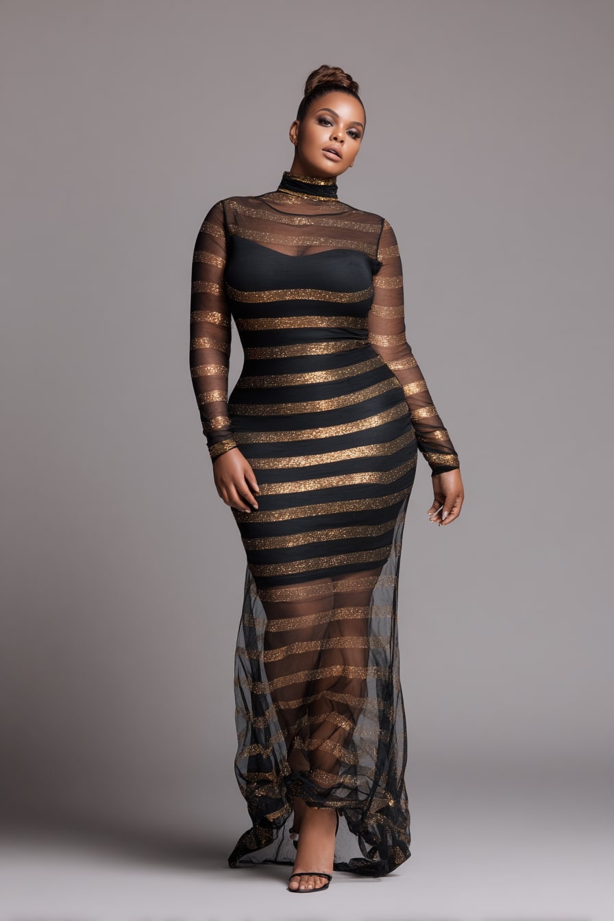 Sheer Stripe Gown + Metallic Mesh Layers