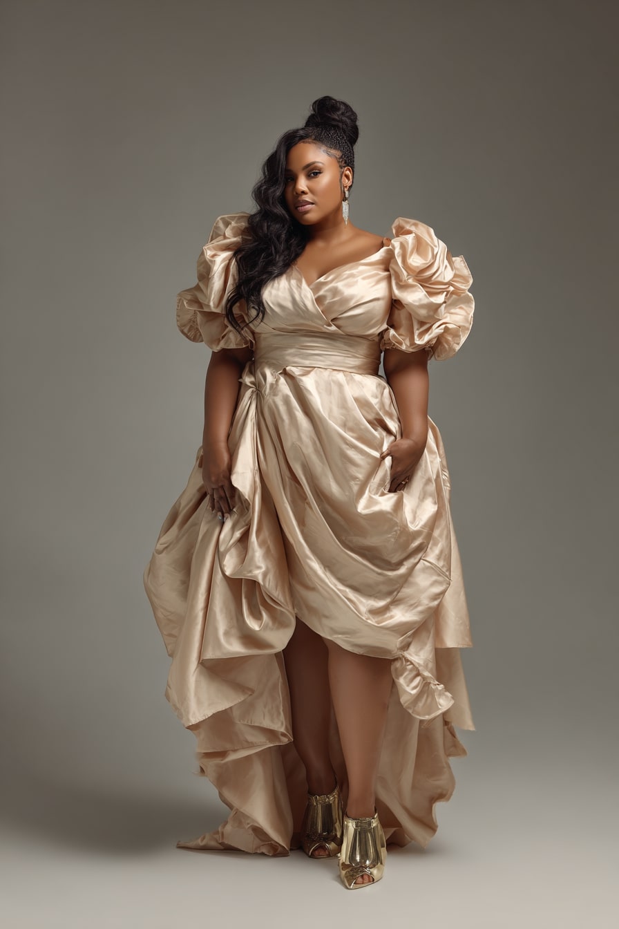 Draped Satin High-Low Gown + Voluminous Puff Sleeves