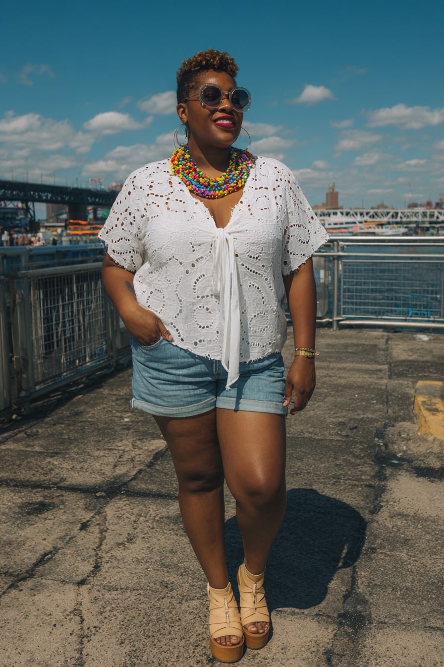 Eyelet Blouse with Denim Shorts for Sunny Days