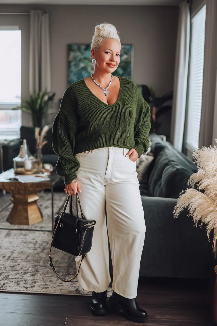 Olive V-Neck Sweater with White Jeans and Ankle Boots