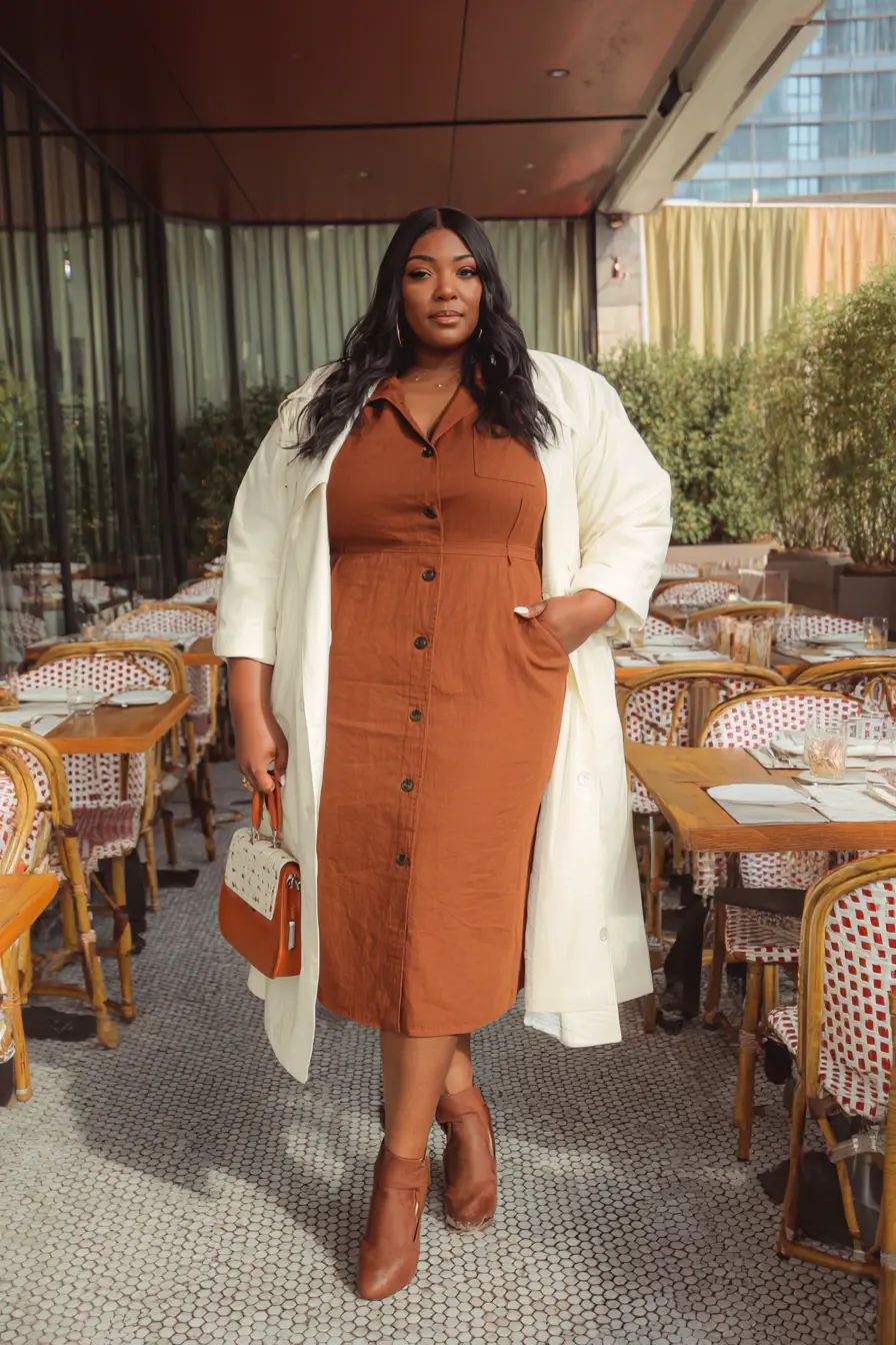 Plus Size Caramel Brown Ponte Shirtdress Wedding Guest Dress