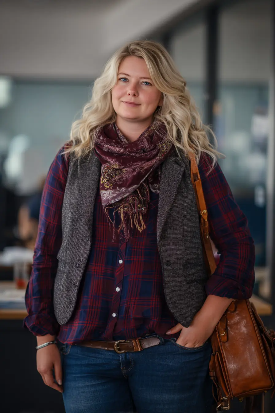 Flannel Shirt with Vest and Scarf Layering