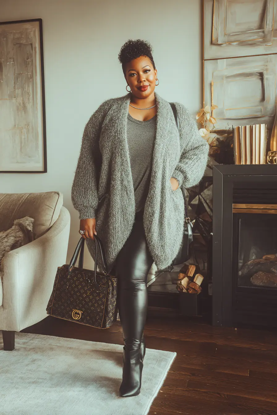 Shawl Collar Cardigan with Leather Leggings