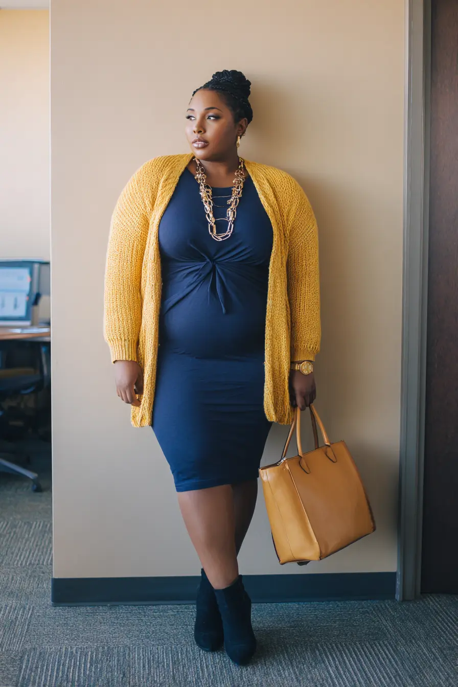 Mustard Cardigan with Navy Sheath Dress