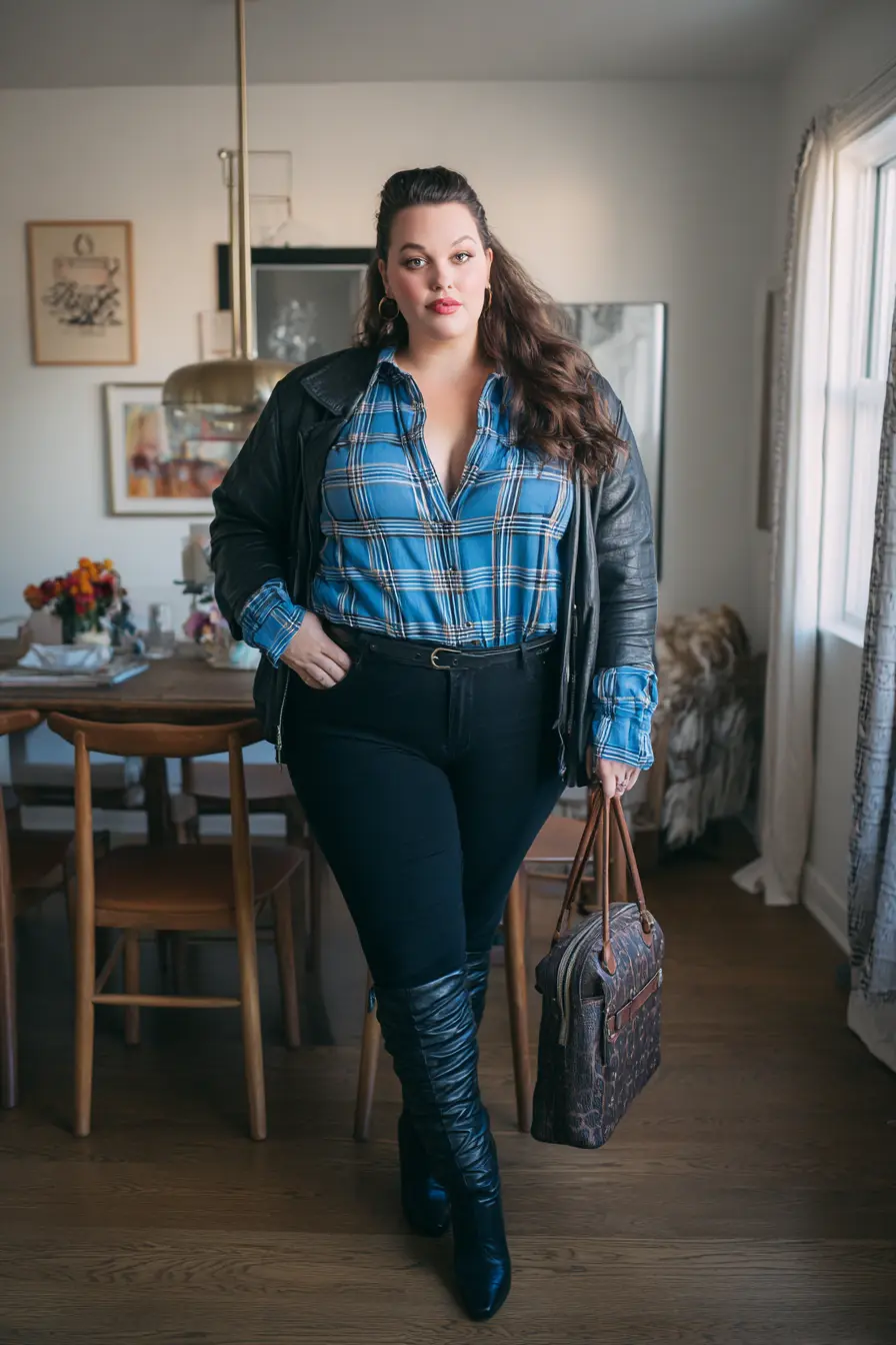 Plaid Flannel with Leather Jacket and Skinny Jeans