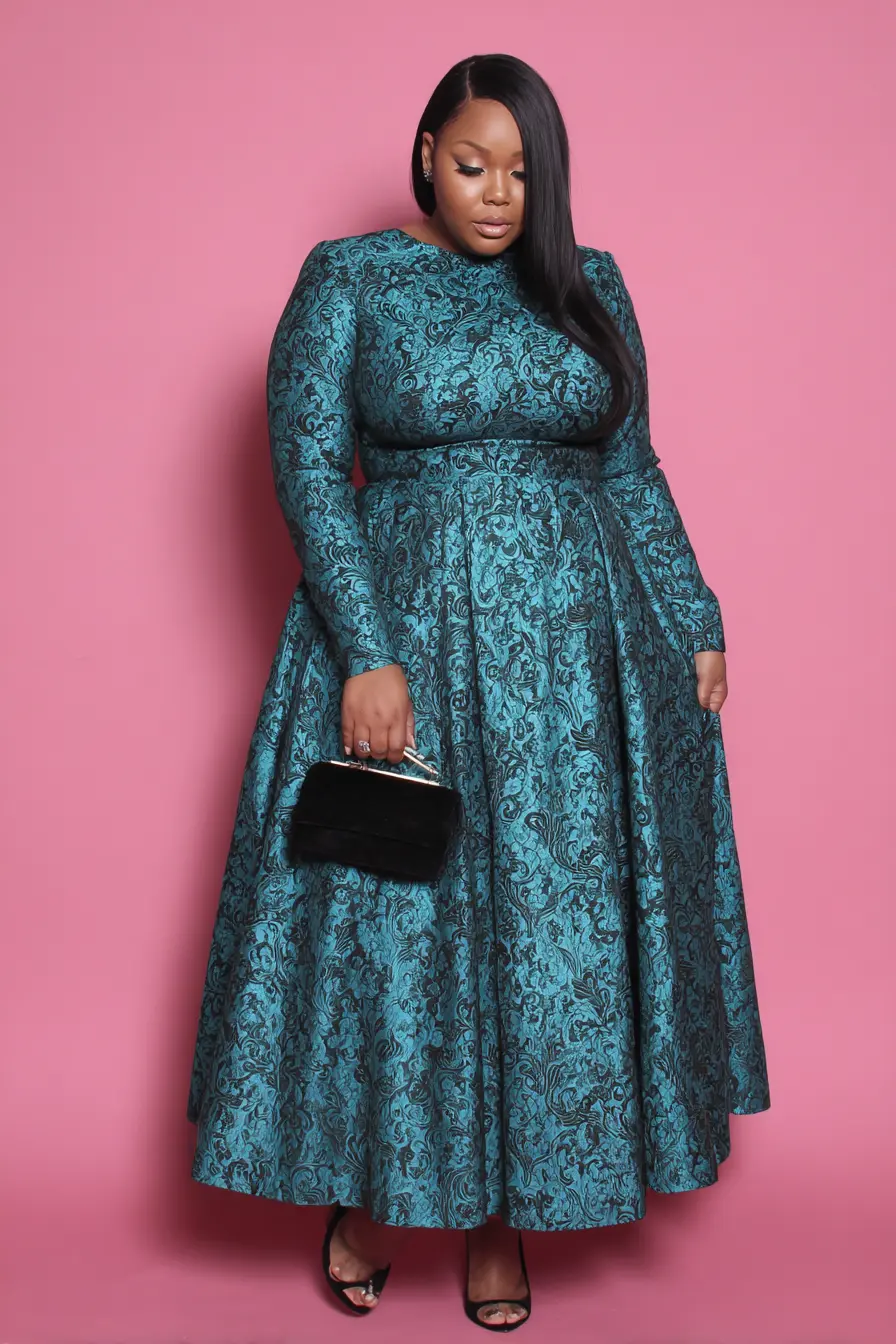 Teal Jacquard Long Sleeve Dress for Fall Weddings