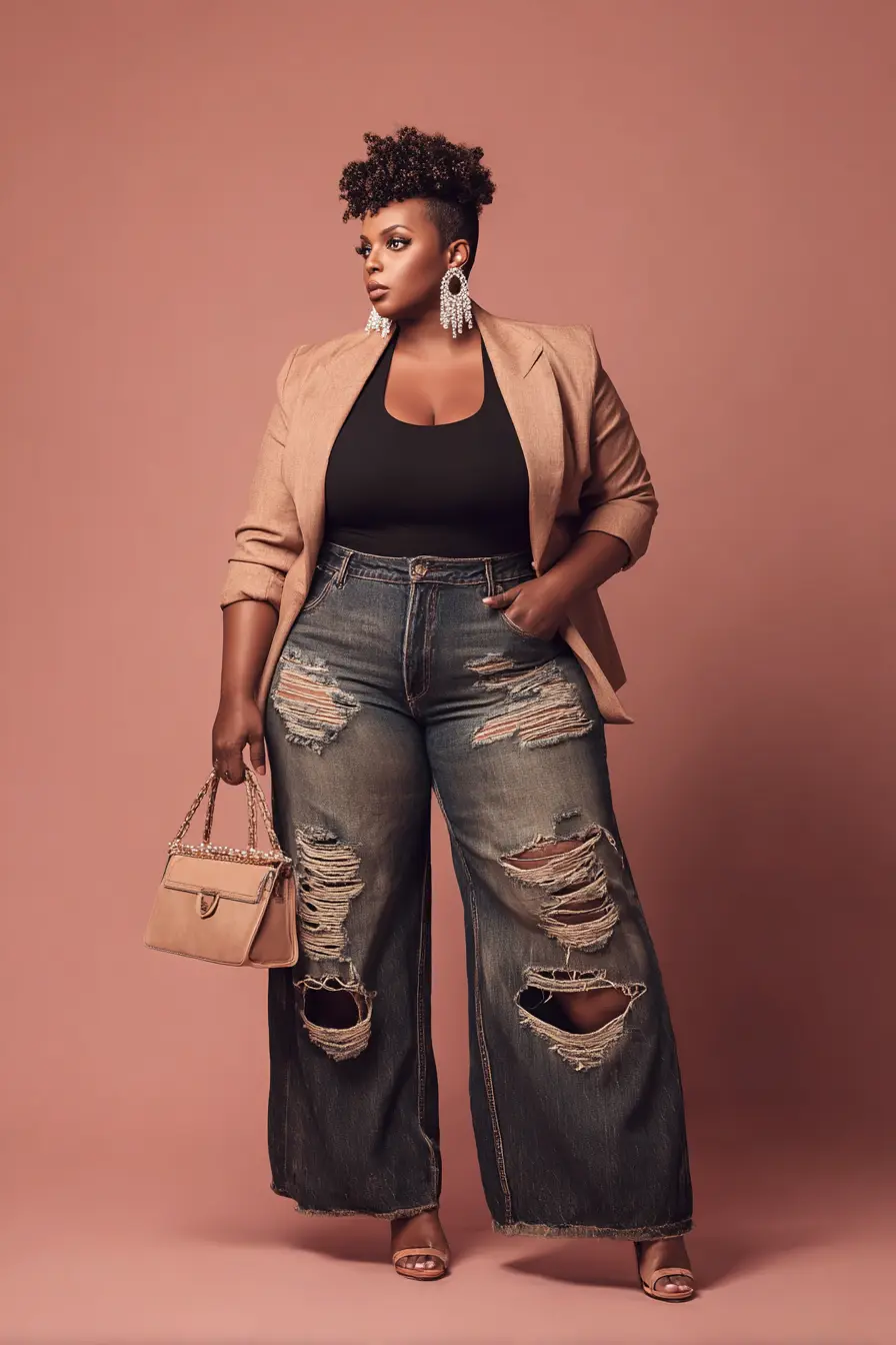 Tweed Blazer with Distressed Flare Jeans and Statement Earrings