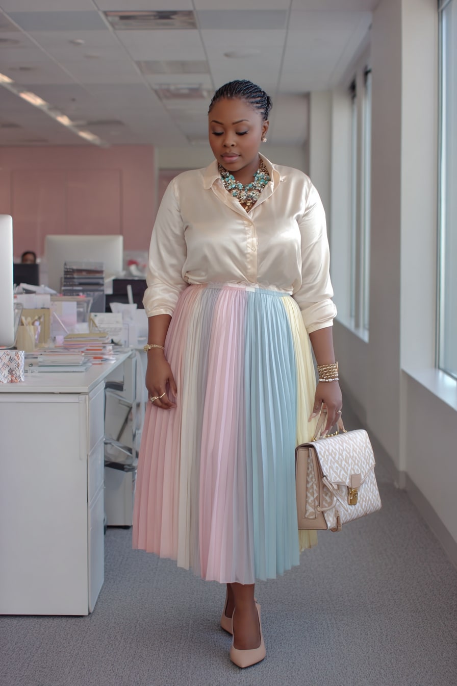 Pastel Pleated Midi Skirt Look