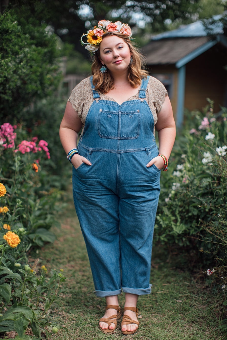 Distressed Overalls + Crochet Flutter-Sleeve Top