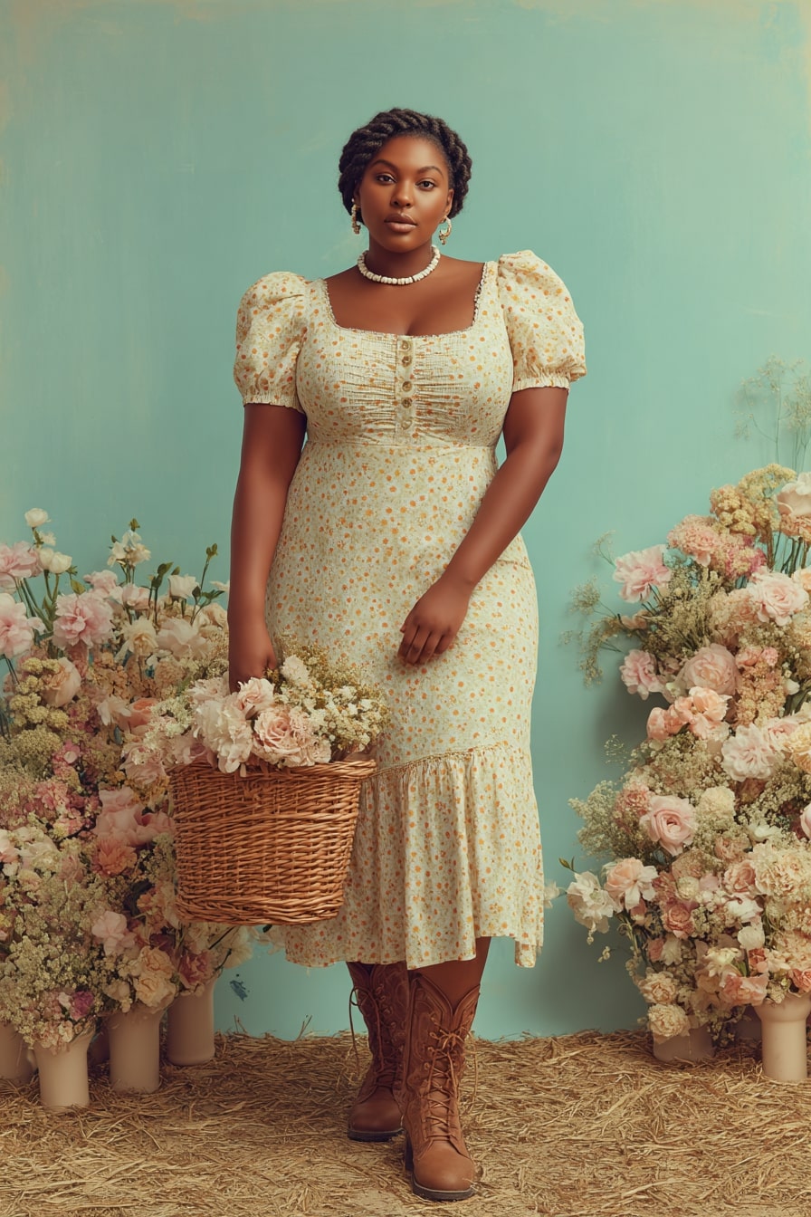Puff Sleeve Floral Midi Dress with Rustic Boots