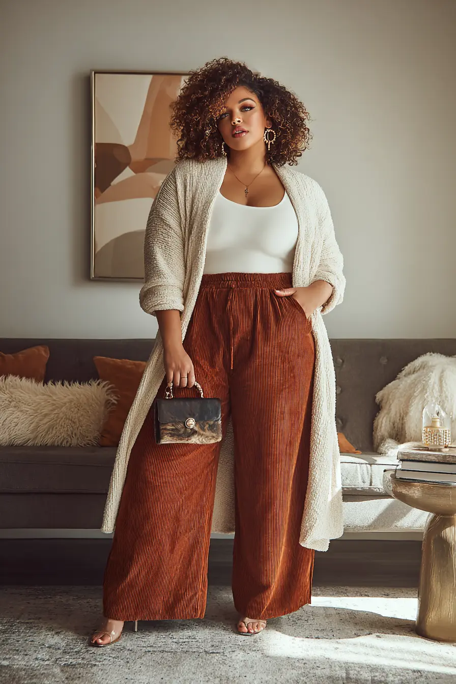 Cozy Cardigan with Corduroy Pants and Tank Top