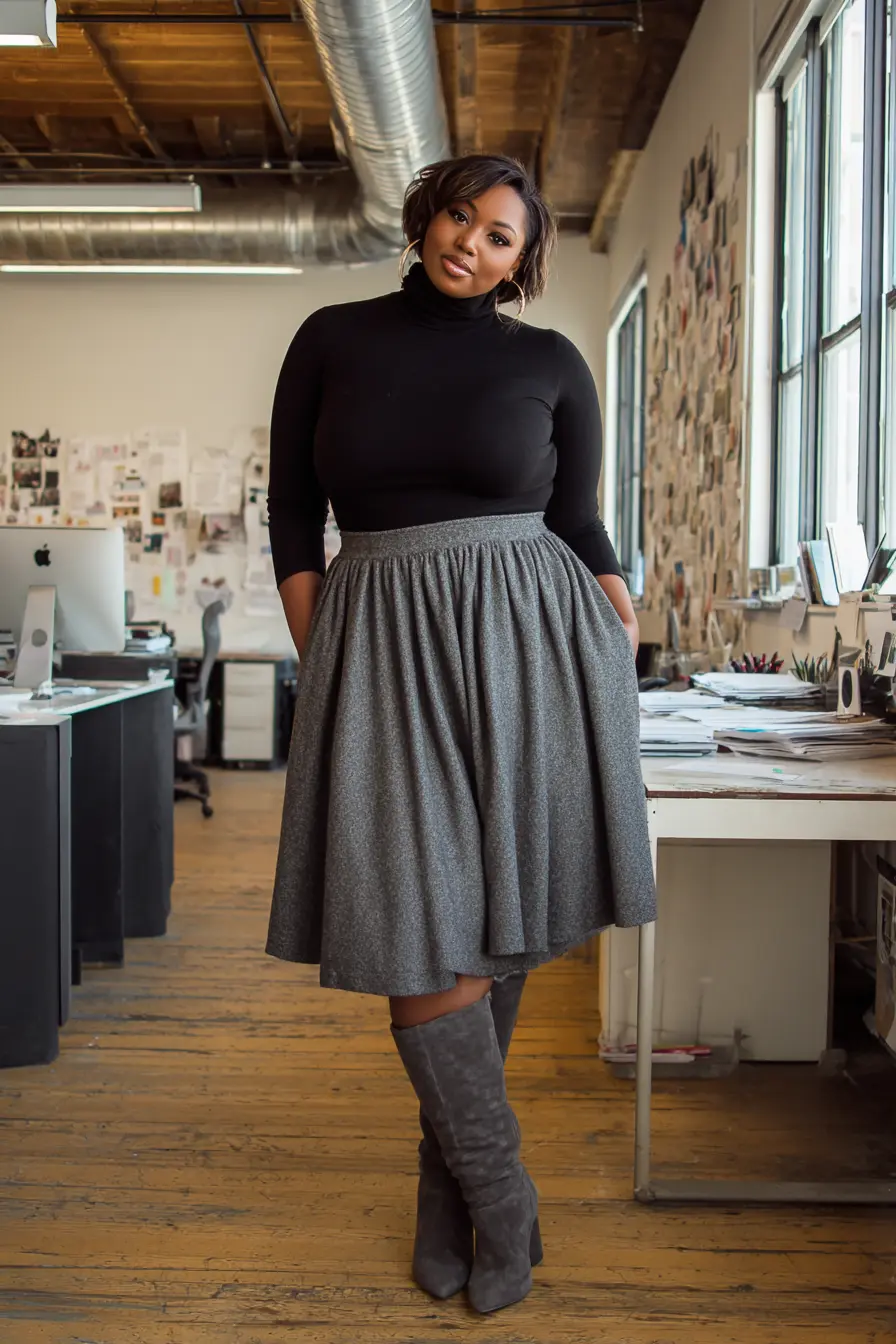 Black Turtleneck with Gray Tweed Skirt