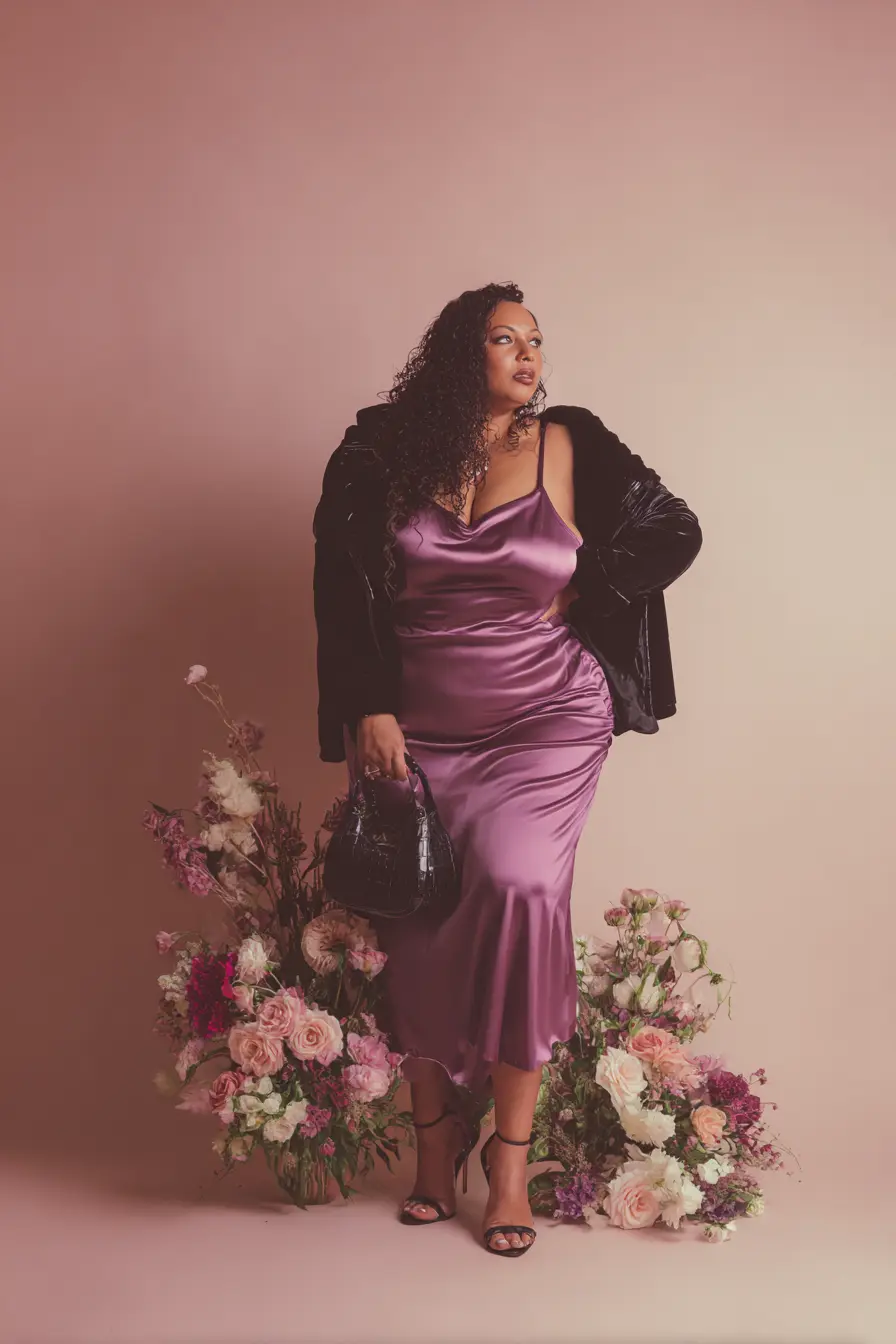 Plus Size Deep Purple Silk Charmeuse Wedding Guest Dress