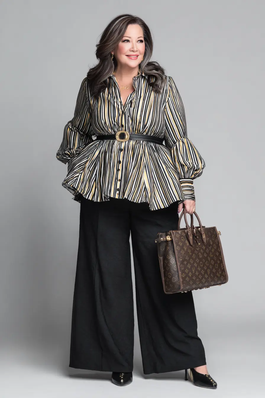 Flannel Peplum Top with Straight-Leg Trousers