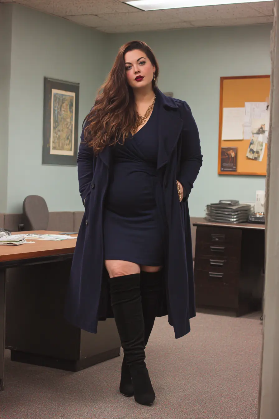 Navy Wrap Dress with Over-the-Knee Boots
