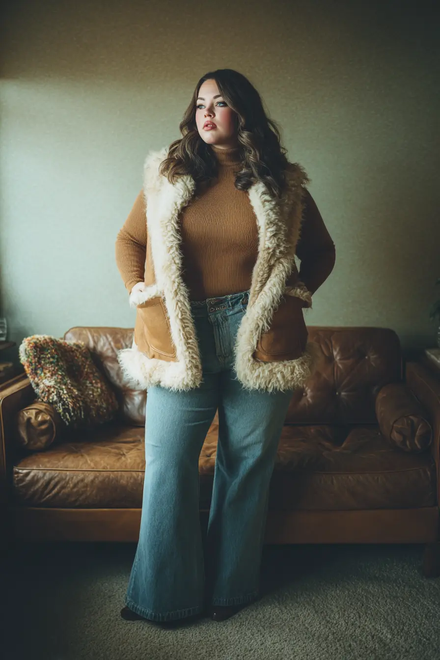 Shearling Vest with Camel Sweater and Light Flare Jeans