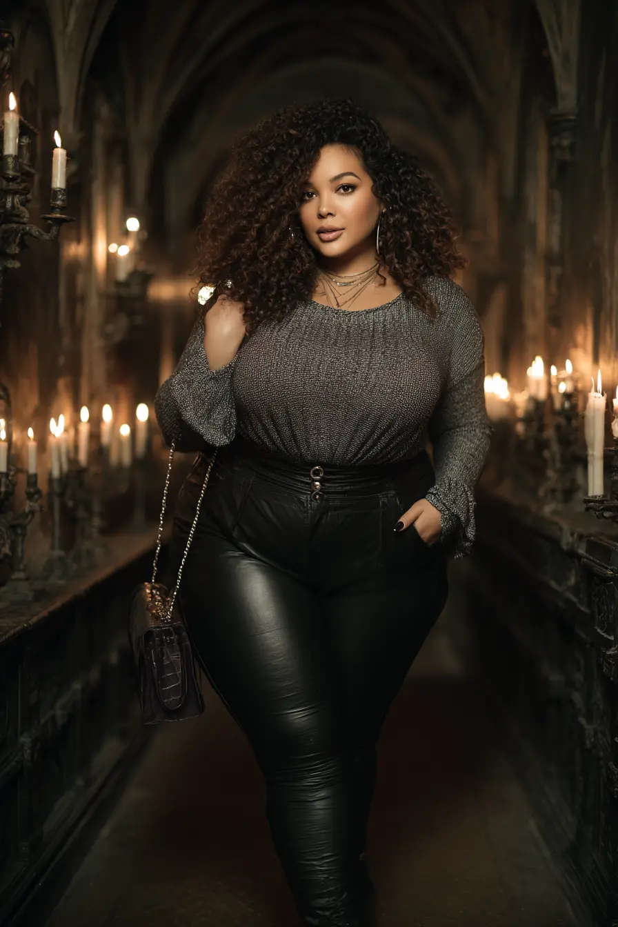 Shimmer Top with Leather Leggings Glow