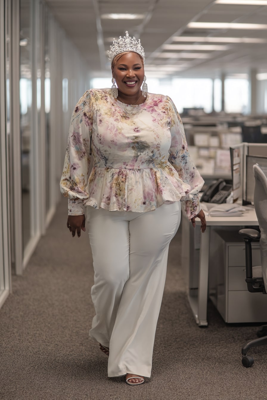 Floral Peplum Blouse with White Trousers