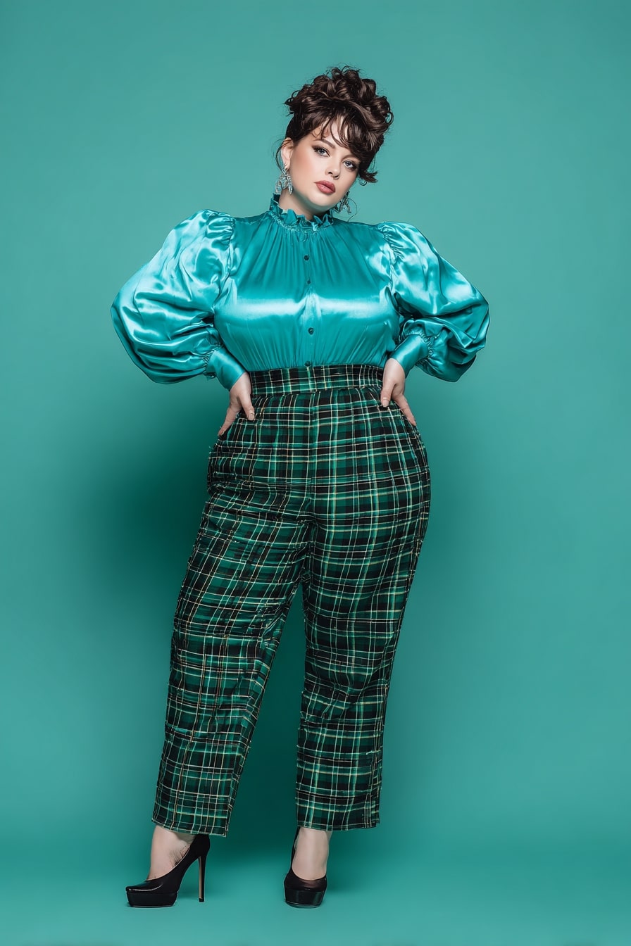 Satin Puff-Sleeve Blouse + High-Waisted Tartan Trousers