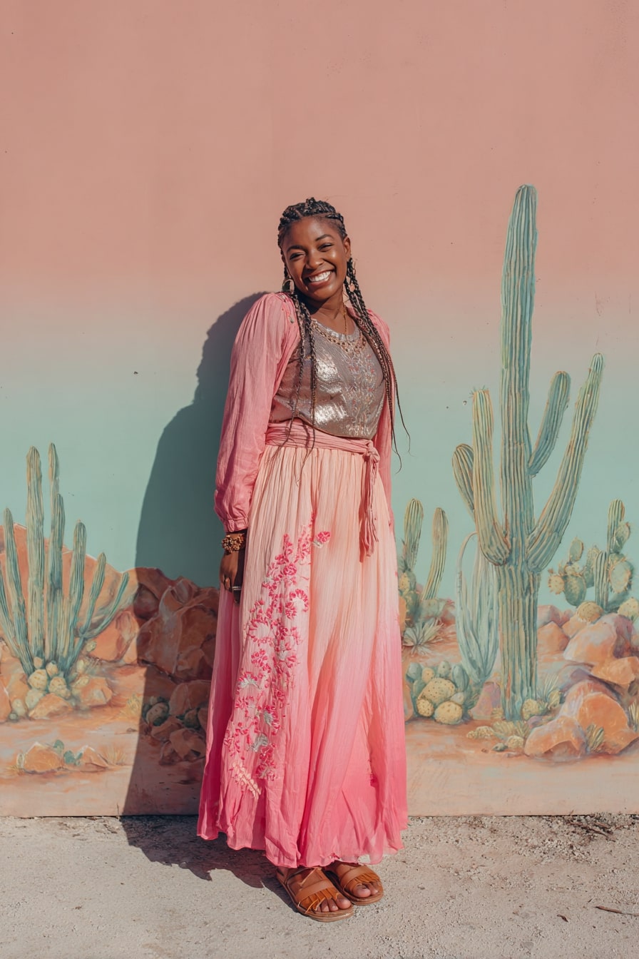 Ombre Pink Maxi Dress with Embroidered Details