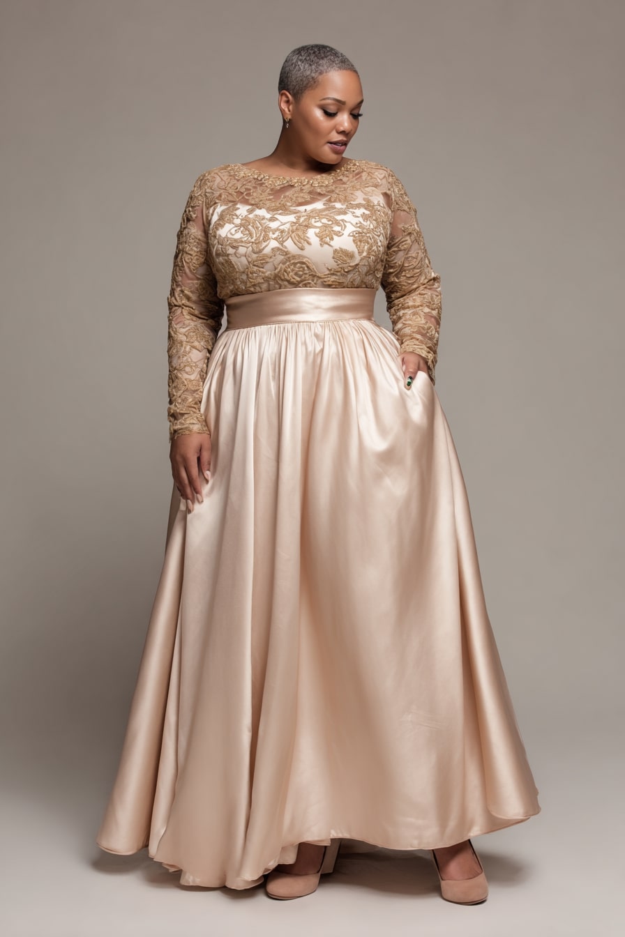 Champagne Satin Gown + Embroidered Lace Bodice