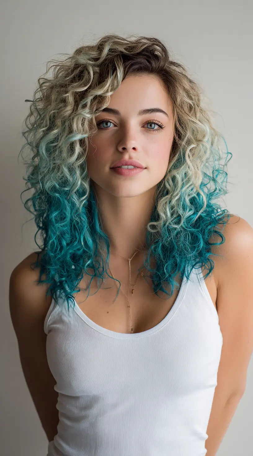 Dimensional Peacock Blue Balayage on Wavy Curls