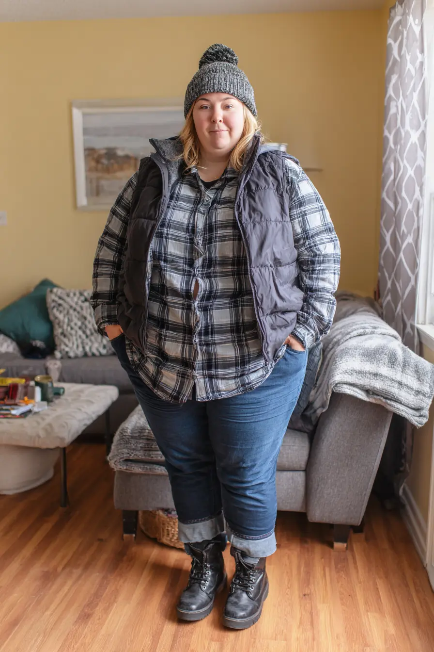 Flannel Shirt with Puffer Vest Layering