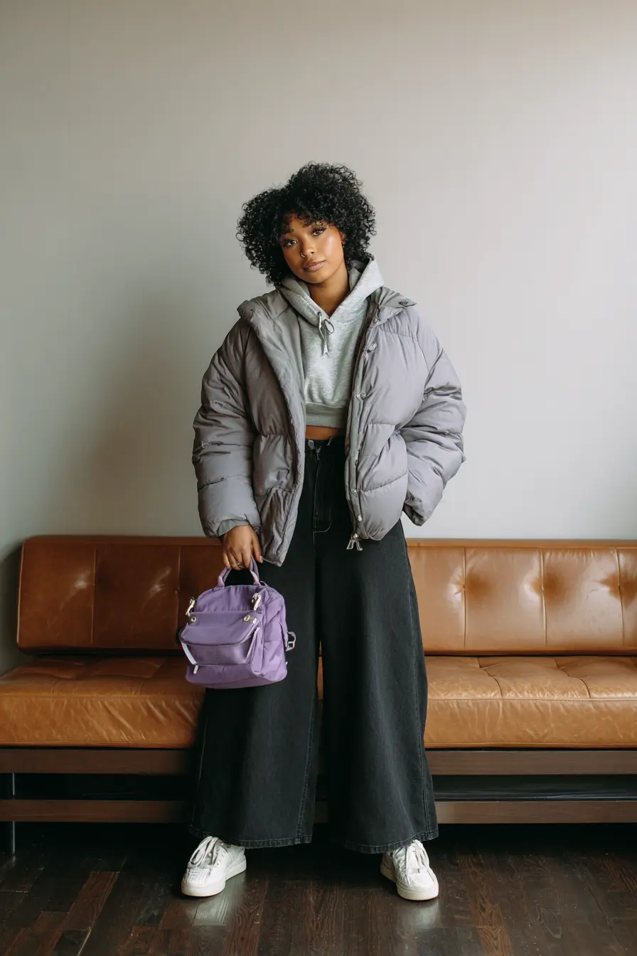 Puffer Jacket with Cropped Flare Jeans and Hoodie