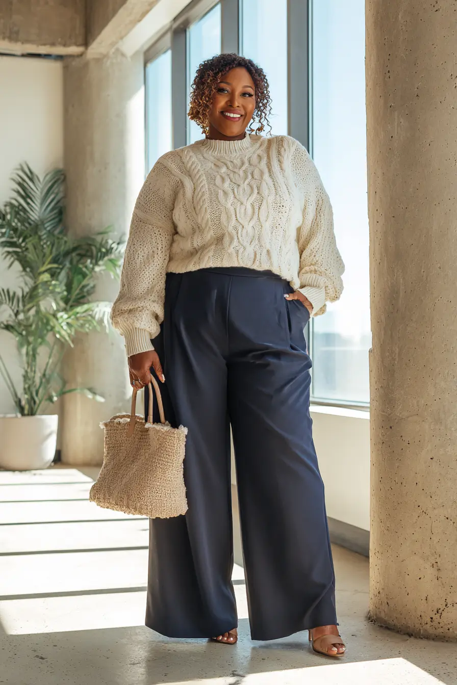 Cable Knit Sweater with Wide-Leg Trousers
