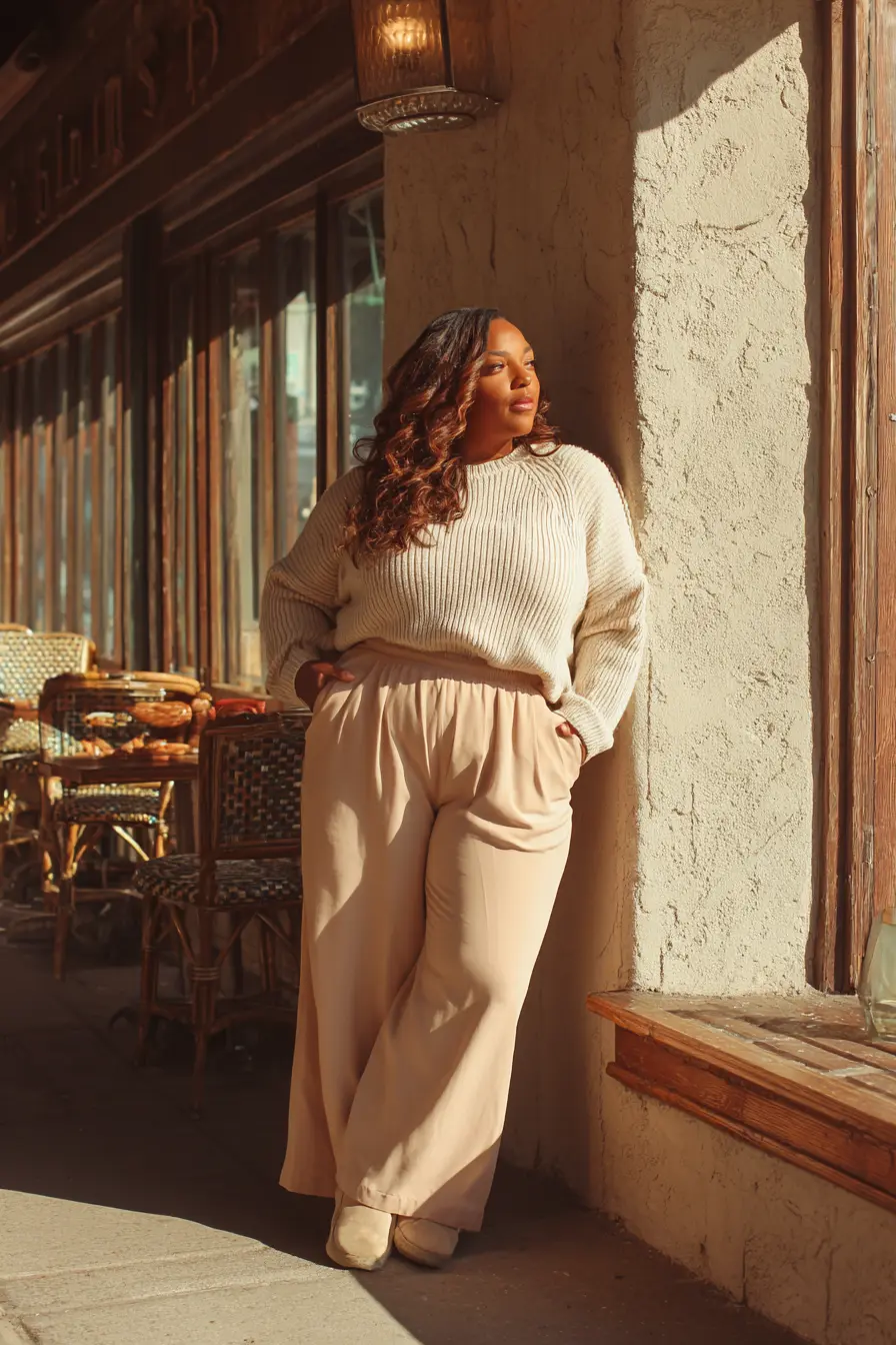 Waffle Knit Sweater with Palazzo Pants