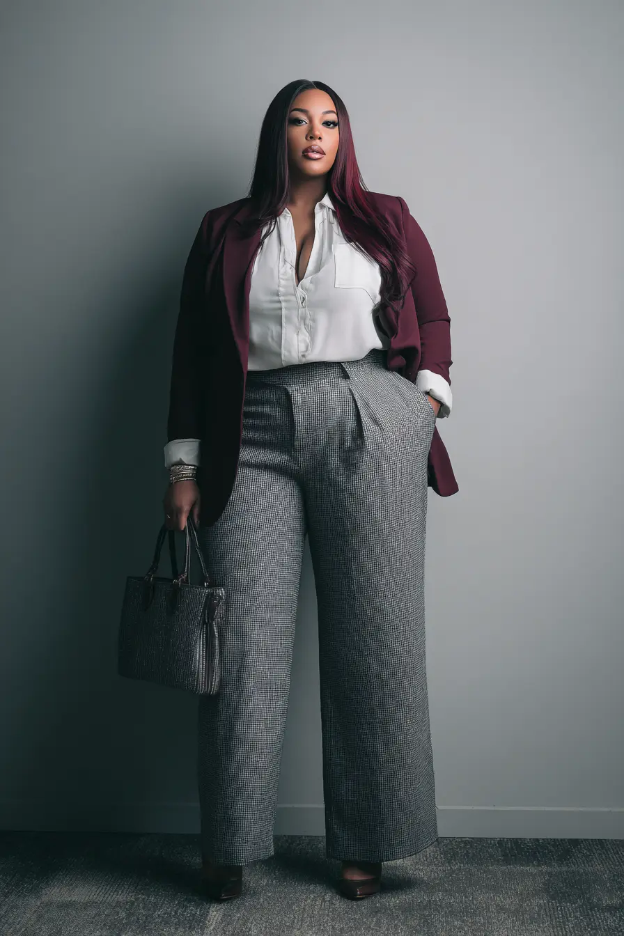 Wine Red Blazer with Gray Wide-Leg Trousers