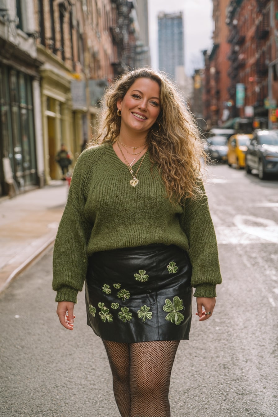 Chunky Knit Sweater + Clover-Embroidered Leather Skirt