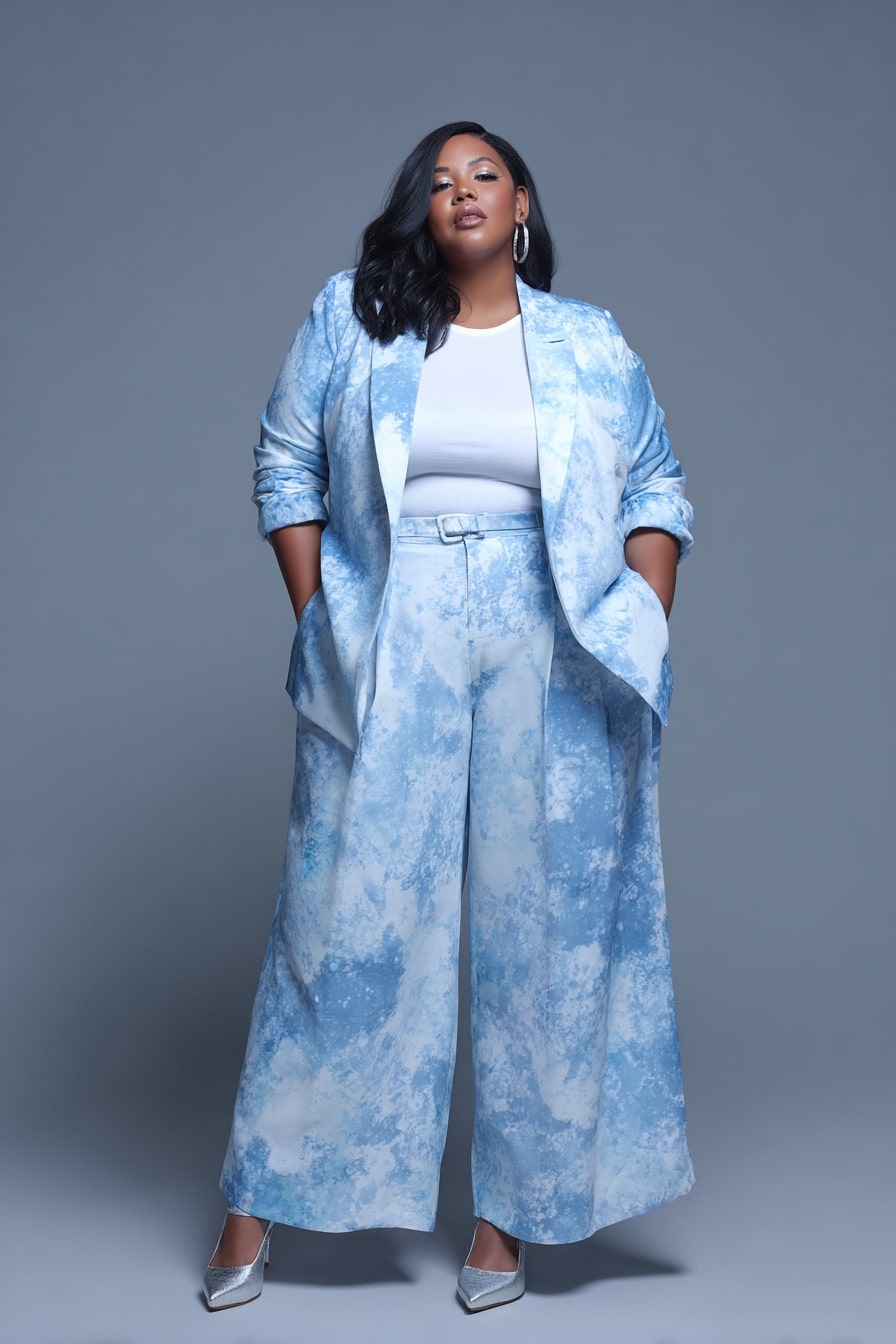 Sky Blue Tie-Dye Suit with Wide-Leg Trousers