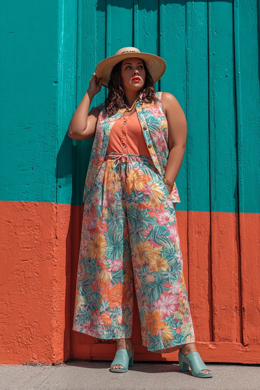 Floral Wide-Leg Pants + Sleeveless Vest Set