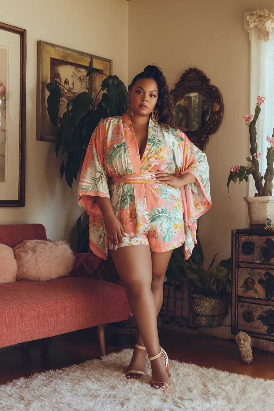 Bold Kimono-Style Romper with Tropical Print