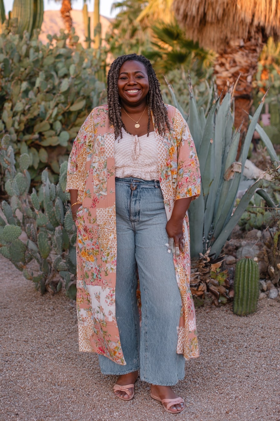 Patchwork Kimono Layer + Cropped Wide-Leg Jeans