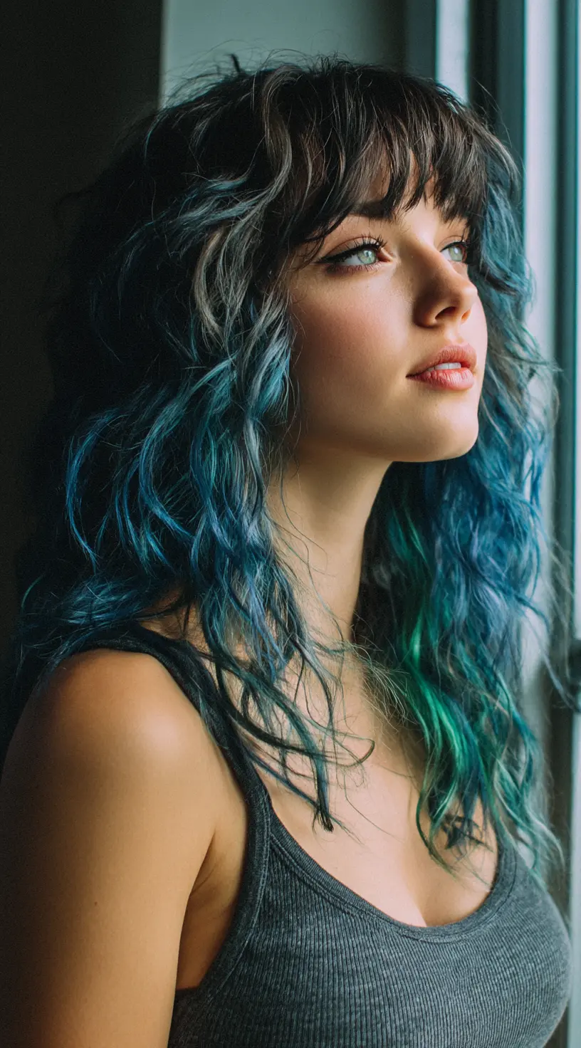 Electric Blue Peek-a-Boo Balayage on Dark Curly Hair