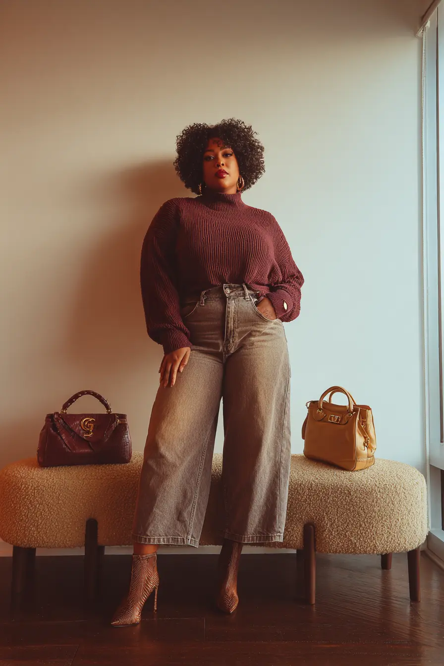 Burgundy Mock Neck Sweater with Straight Jeans and Booties