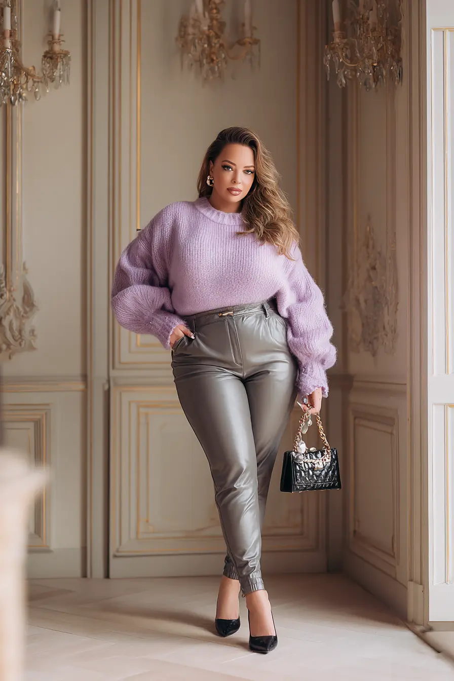 Lilac Sweater with Sleek Leather Pants